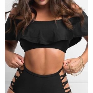 *1 L left Off Shoulder Ruffles Tankini Set